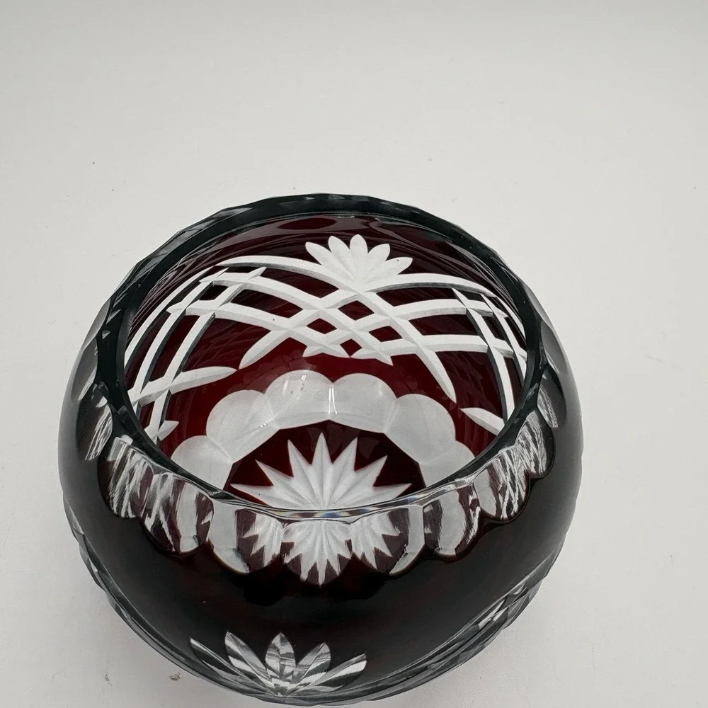 Bohemian Crystal Cut Clear Red Cranberry Votive‎ / Small Flower Design Bowl